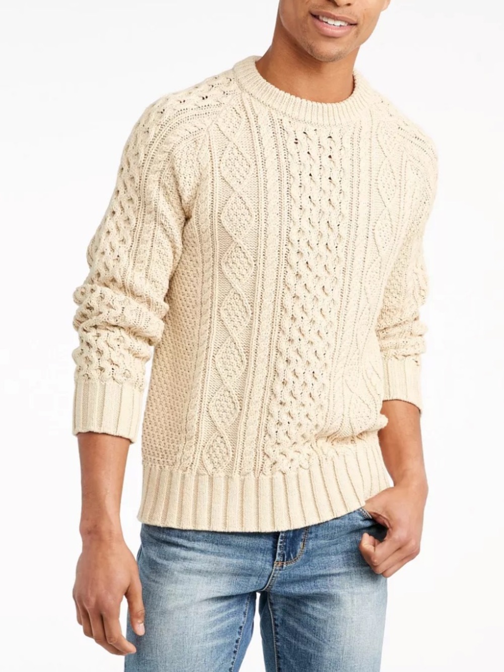LL Bean Signature Men’s Cable Knit Fisherman’s Sweater Beige SM Crewneck Cotton